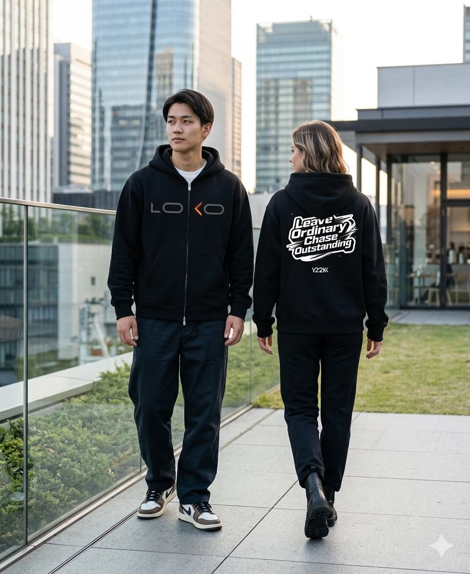 Two people on a terrace in black LOCO hoodies, one showing the Leave Ordinary Chase Outstanding back print