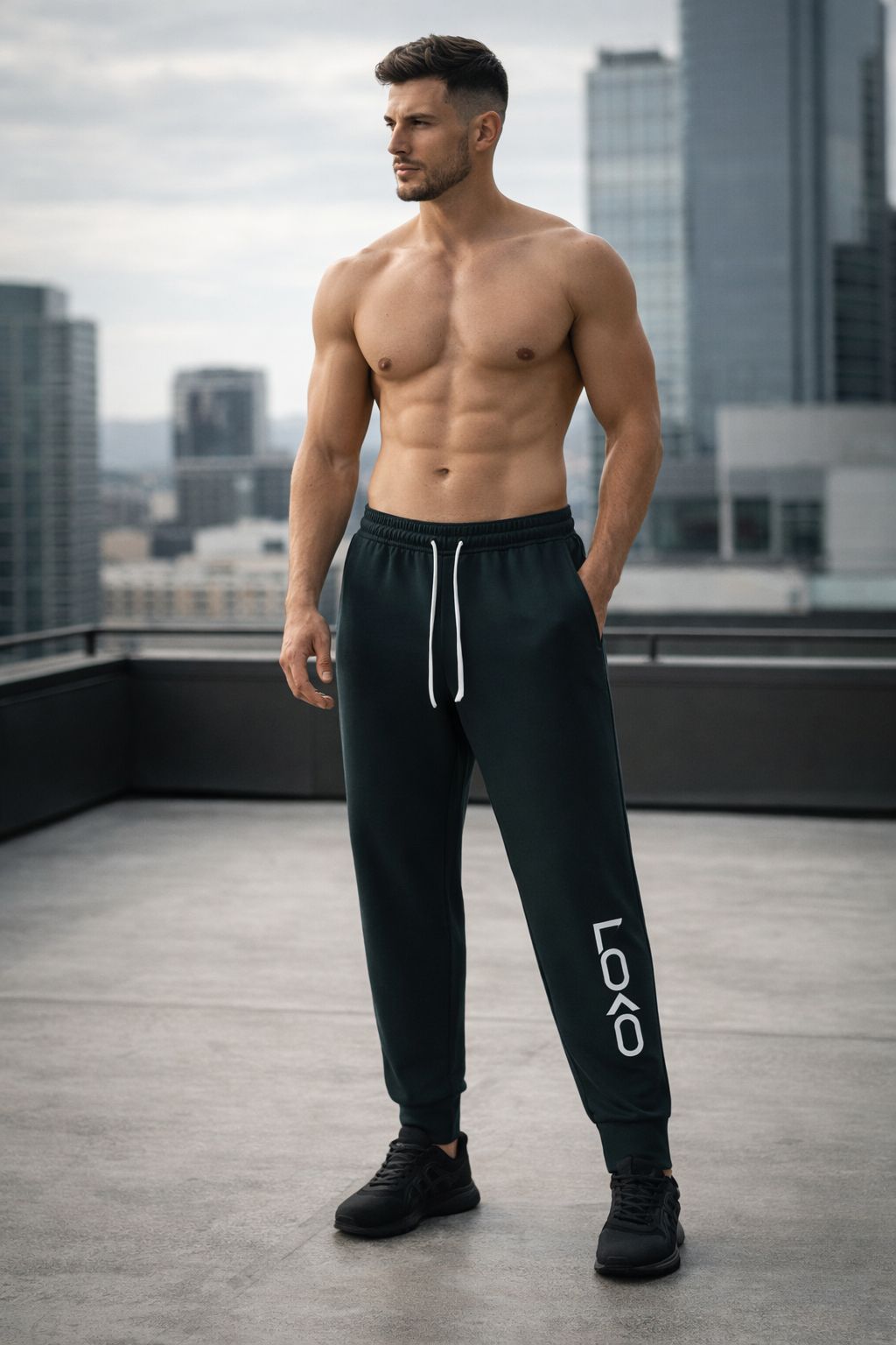Athlete on a city rooftop wearing black LOCO joggers with the vertical wordmark
